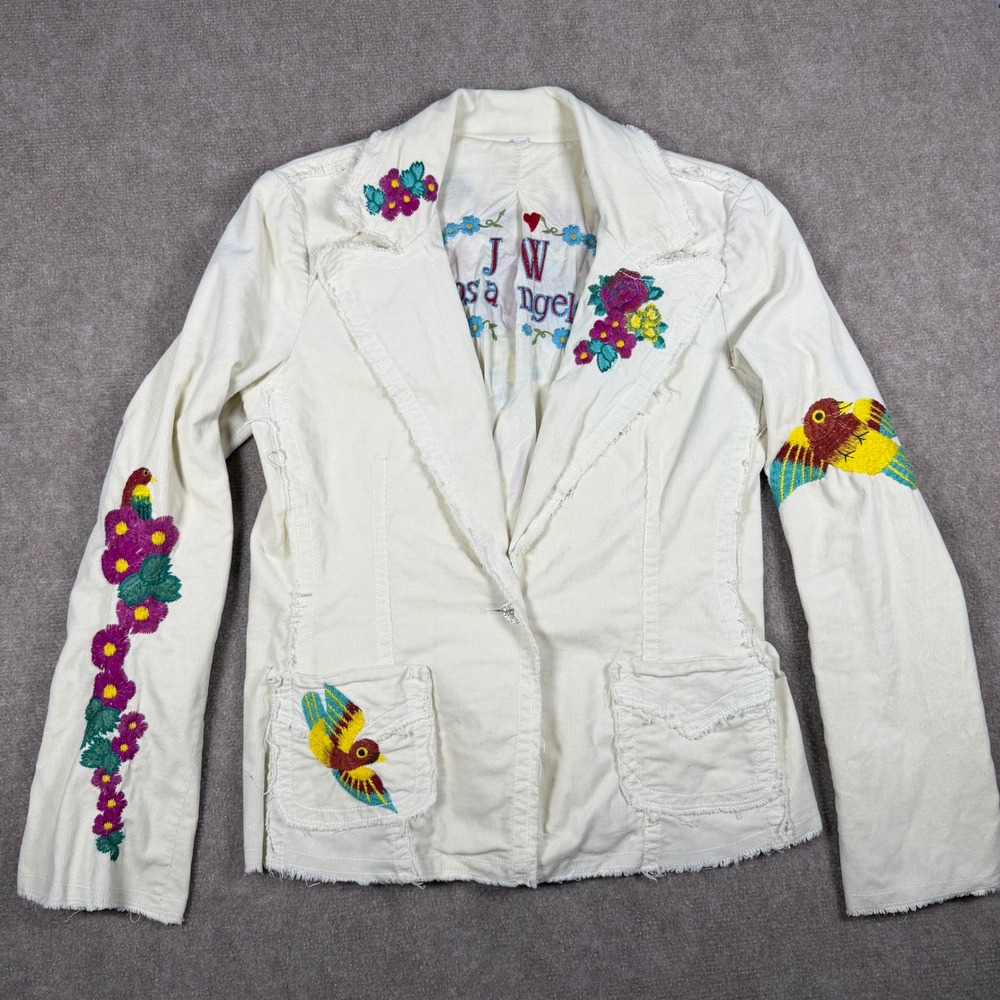 JW Los Angeles Cream Corduroy Embroidered Bird Floral Blazer Jacket Size Large